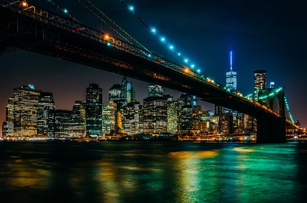 The Brooklyn Bridge and Manhattan Skyline at night seen from Brooklyn Bridge Park, New York..jpeg